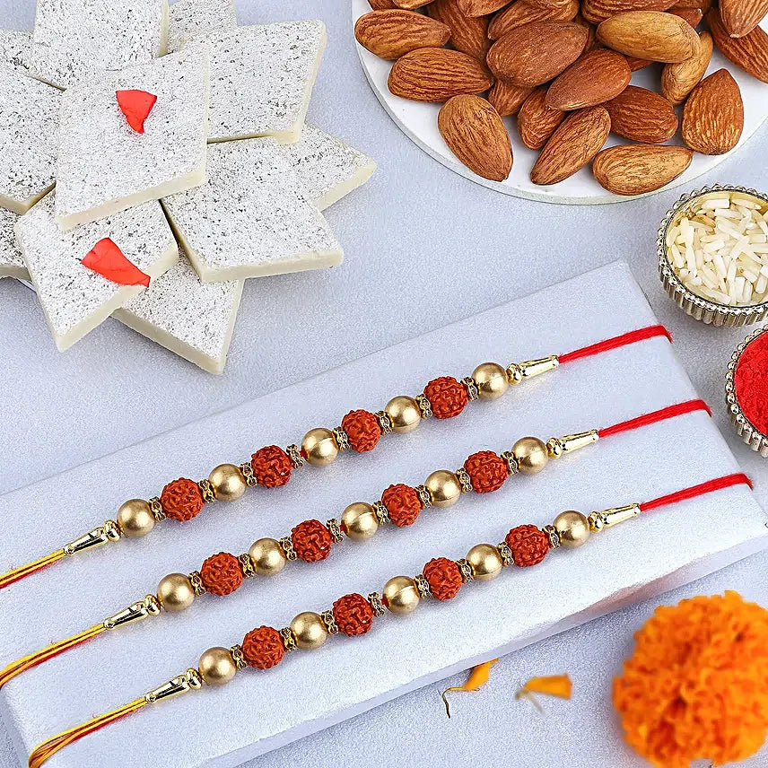 Set of 3 Rudraksha Rakhi with Kaju Katli and Almonds