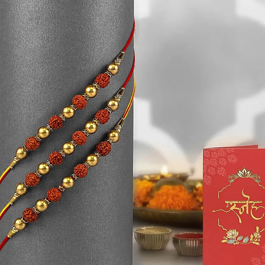 Set of 3 Rudraksha Rakhi with Kaju Katli and Almonds