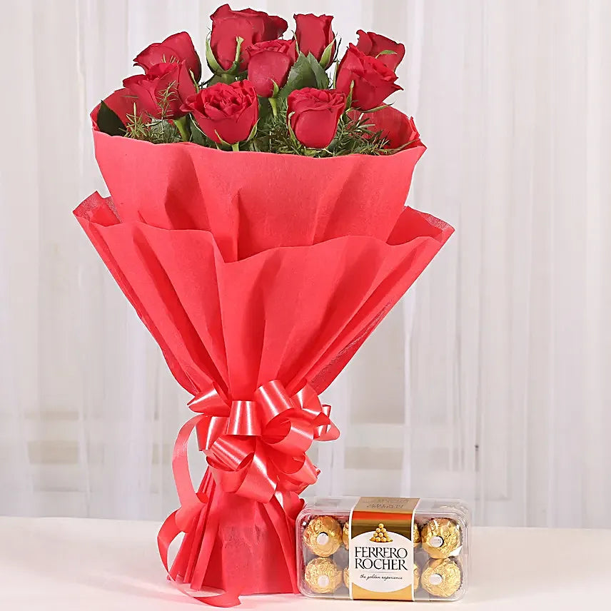 Mixed red roses Bouquet Ferrero Rocher Chocolates Gift