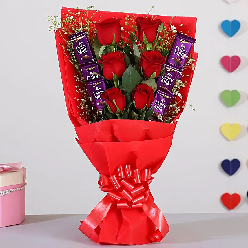 Passionate Red Roses Bouquet with Dairy Milk Chocolates