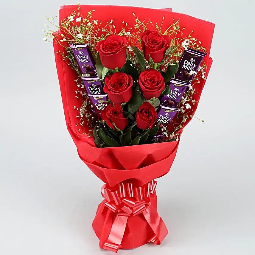 Passionate Red Roses Bouquet with Dairy Milk Chocolates