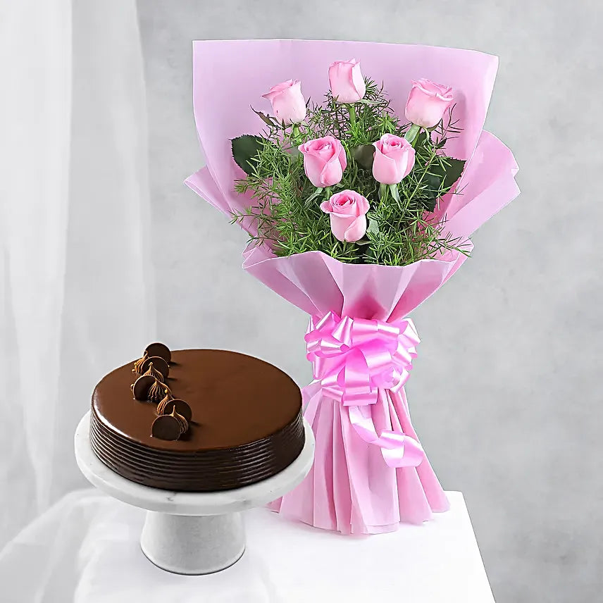 Pretty In Pink Bouquet & Truffle Cake Combo