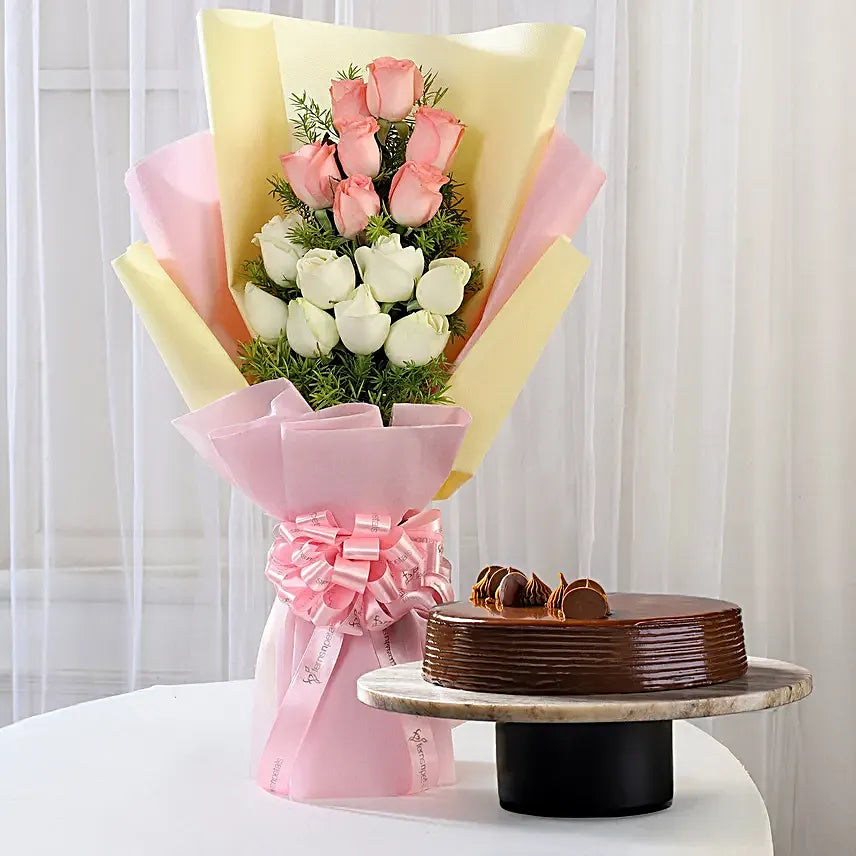 Pink & White Roses & Truffle Cake