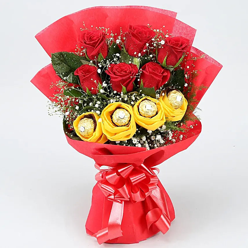 Red Roses Bouquet Ferrero Rocher Chocolates Gift