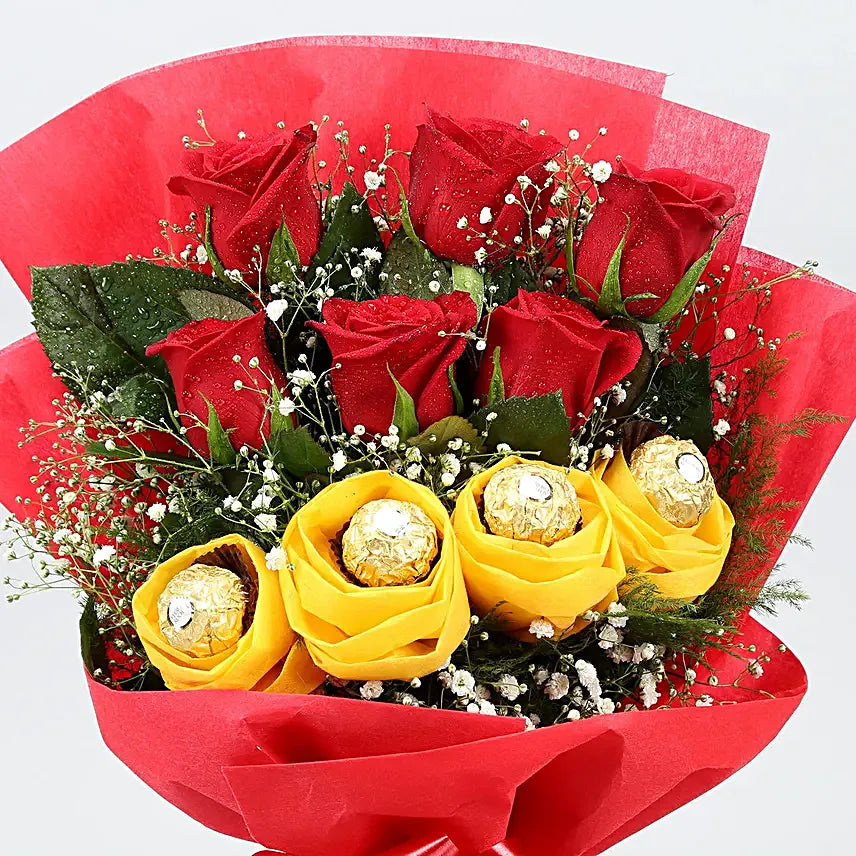 Red Roses Bouquet Ferrero Rocher Chocolates Gift